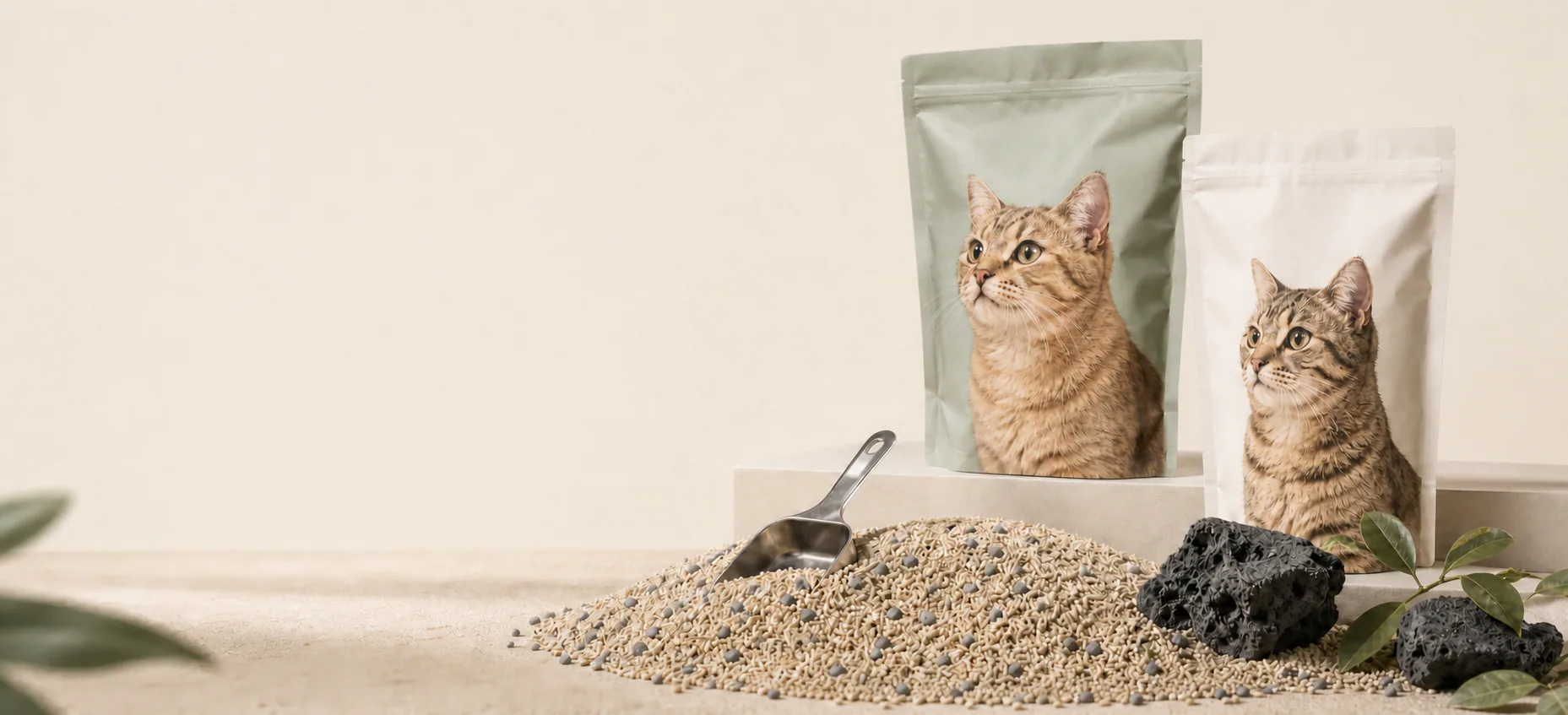 Panoramic cat litter product scene with unbranded packaging, tofu litter, activated carbon, and a stainless scoop