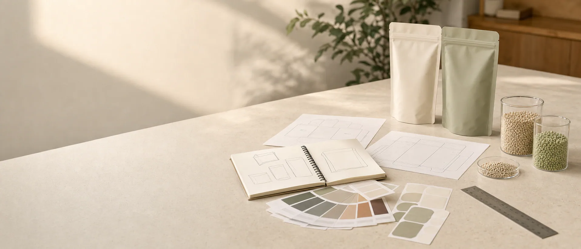 Private label packaging development desk with blank pouch prototypes, dielines, material samples, color swatches, and litter samples