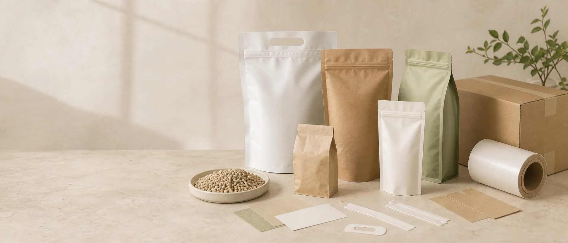 Realistic gallery of unbranded cat litter packaging structures, carton, laminate film, zipper details, and material samples