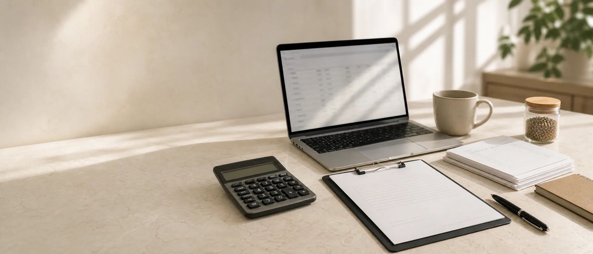 B2B payment terms review desk with laptop, calculator, blank commercial documents, pen, and cat litter sample