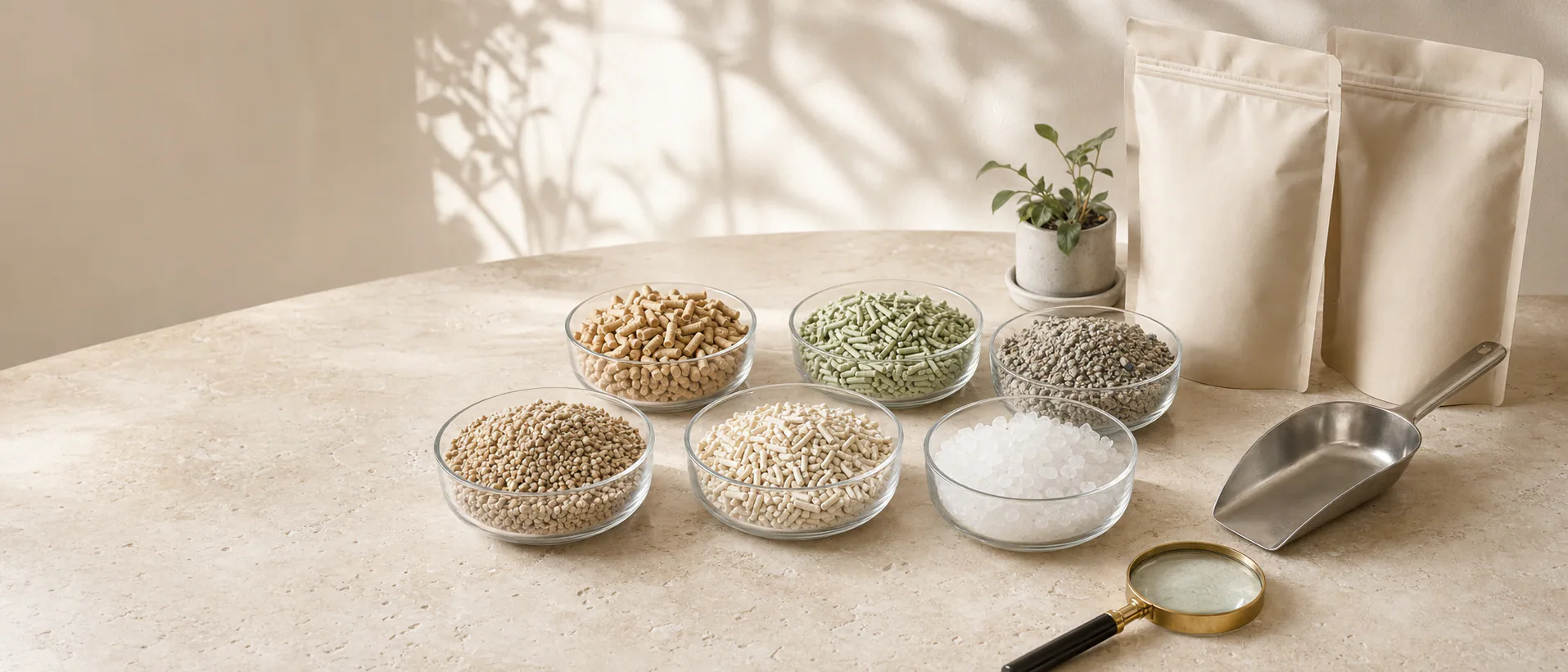 Six real cat litter materials presented in clear sample bowls with unbranded packaging and inspection tools
