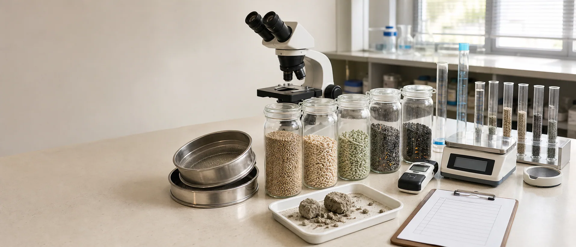 Cat litter quality control laboratory with microscope, formula samples, sieves, balance, moisture meter, and blank inspection record