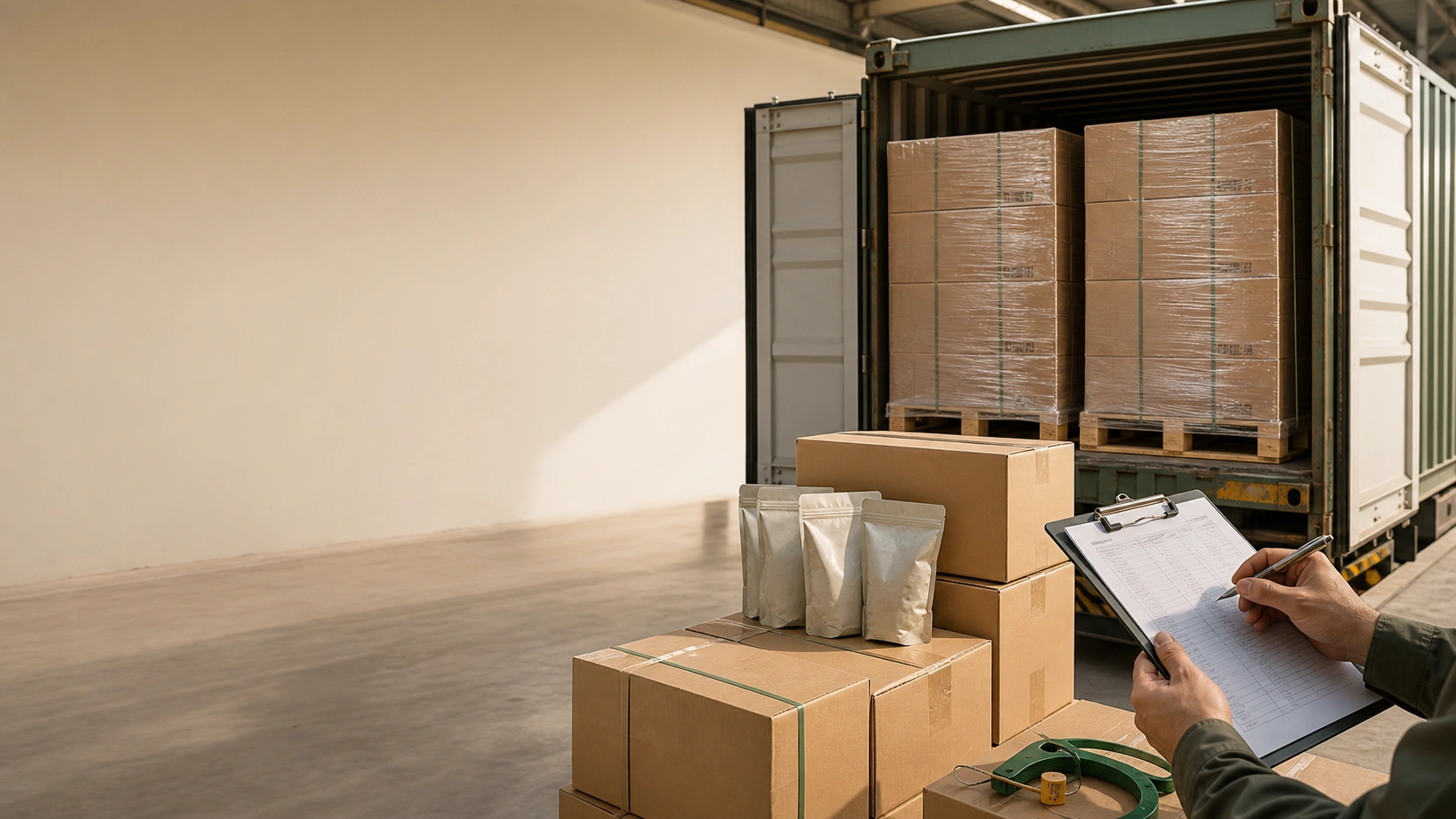 Export loading bay with palletized cat litter cartons, blank retail pouches, container loading, and shipment document checks
