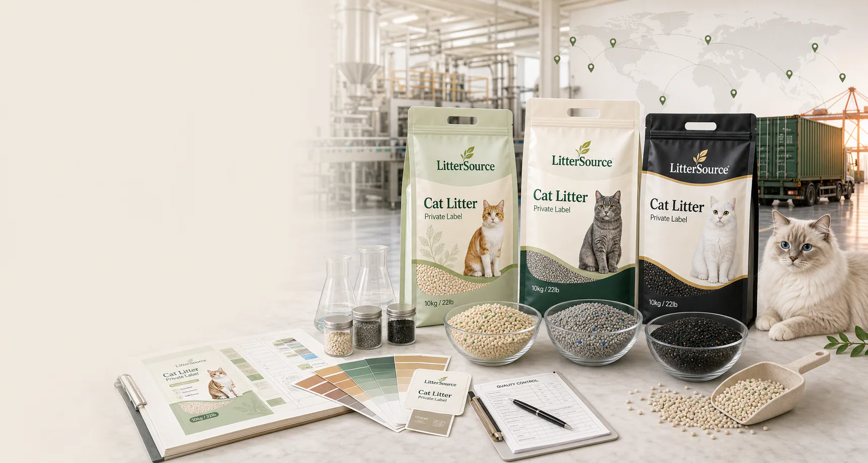 Private-label cat litter packaging, product samples, quality documentation, and export container