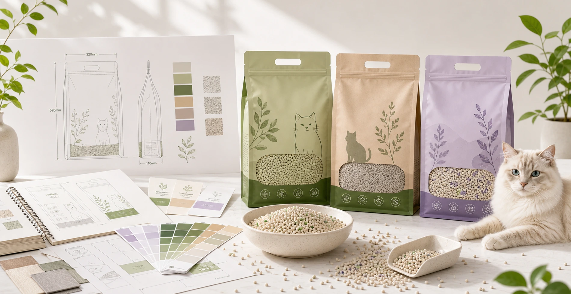 Private-label cat litter packaging workspace with bag layout, colour swatches, product samples, and package formats