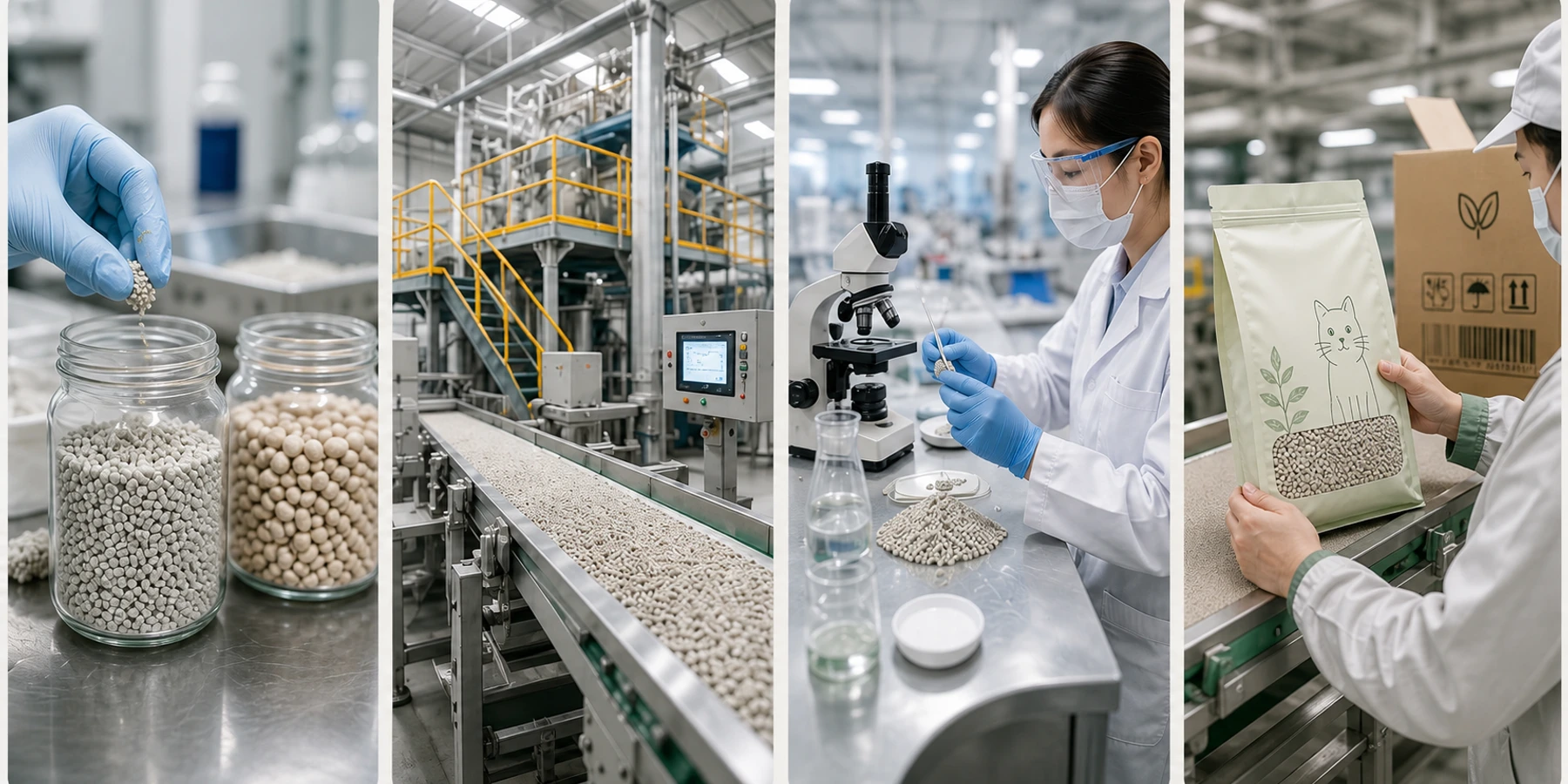 Cat litter quality control process showing incoming material checks, production control, performance testing, and pre-shipment inspection