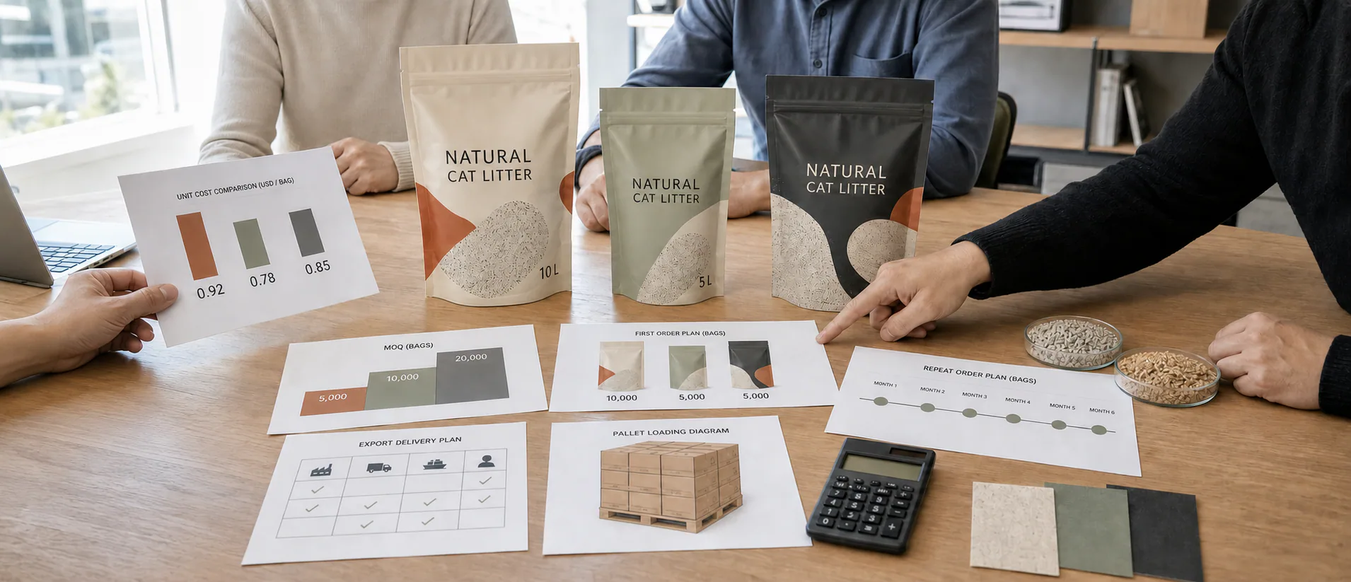 Private-label cat litter commercial launch planning meeting reviewing SKU mix, MOQ, unit cost, repeat orders, pallet loading, and export delivery