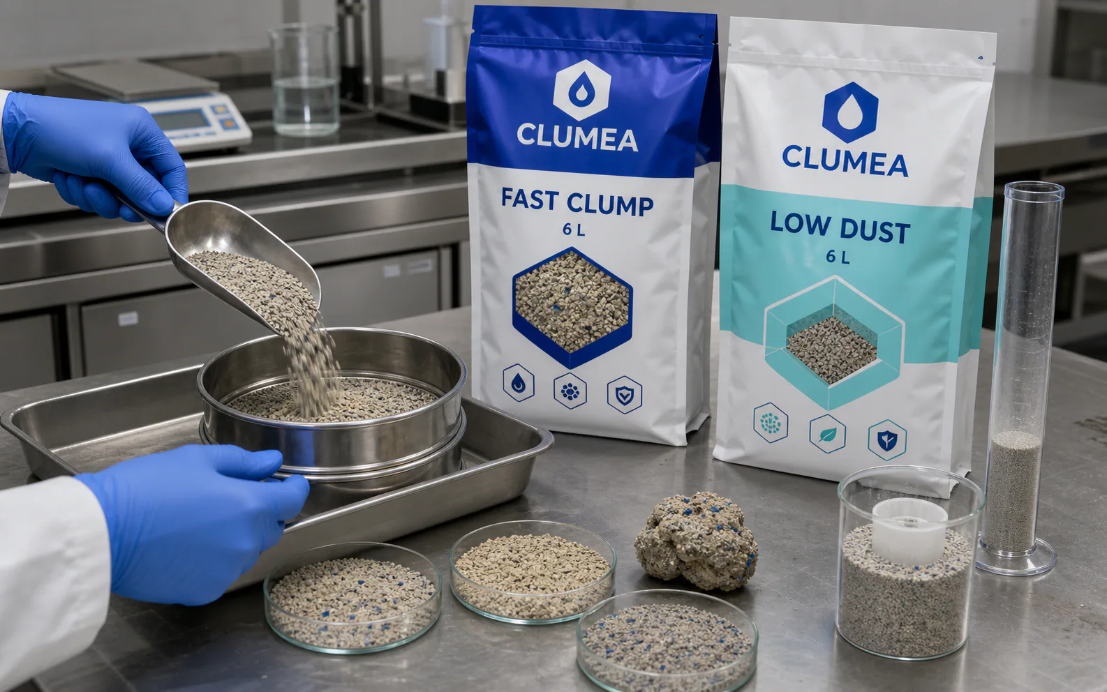 CLUMEA Fast Clump and Low Dust prototypes undergoing product sieve and performance testing