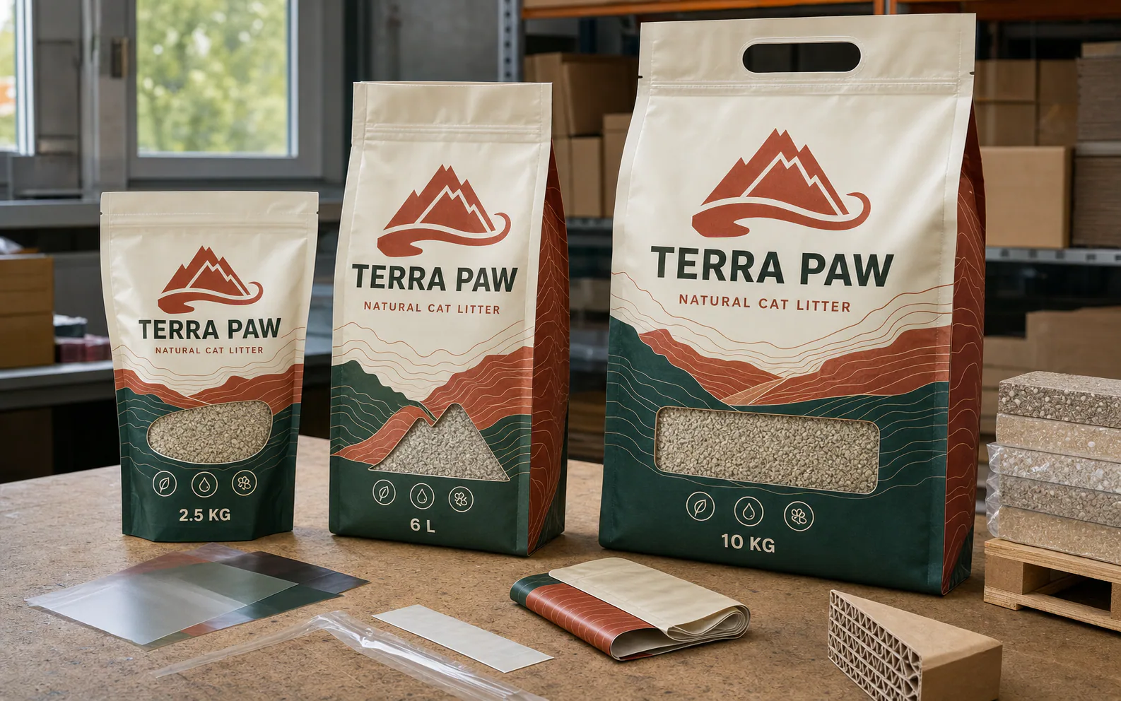 TERRA PAW branded cat litter packs in three structures and sizes with packaging material samples