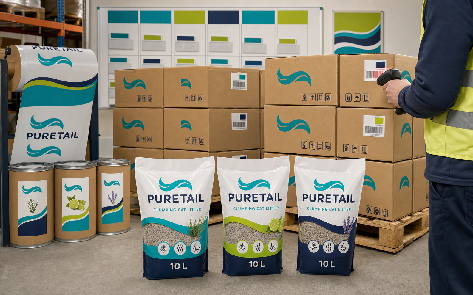 PURETAIL repeat-order packaging film, finished SKUs, branded cartons, pallets, and warehouse scanning