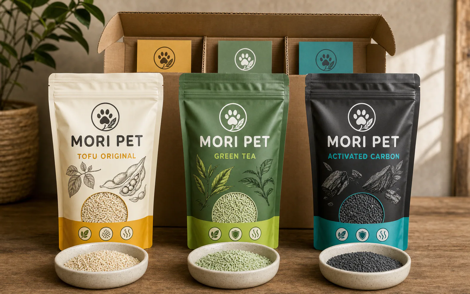 MORI PET Tofu Original, Green Tea, and Activated Carbon cat litter SKU family