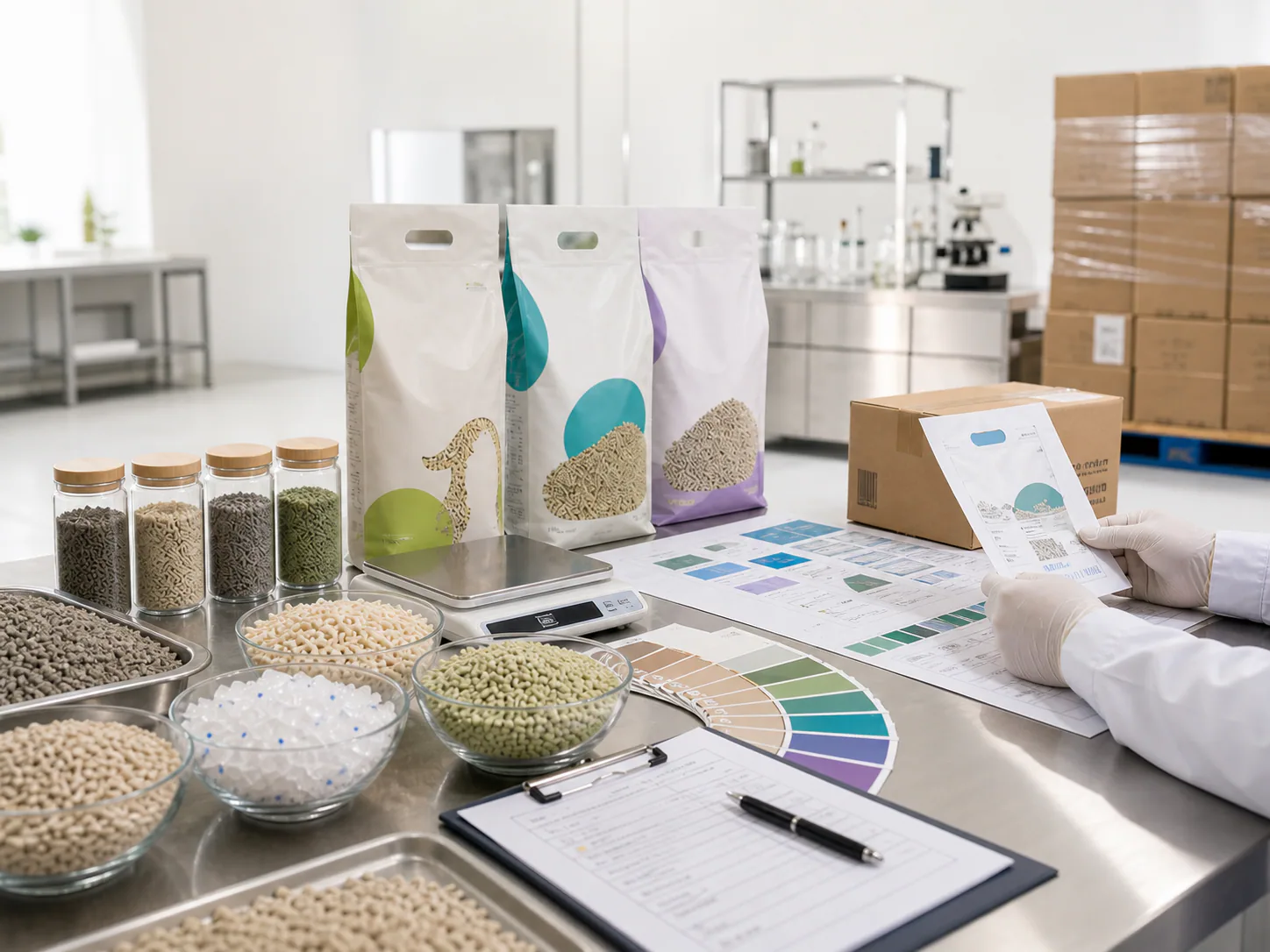 Private-label cat litter samples, packaging concepts, design sheets, and export cartons