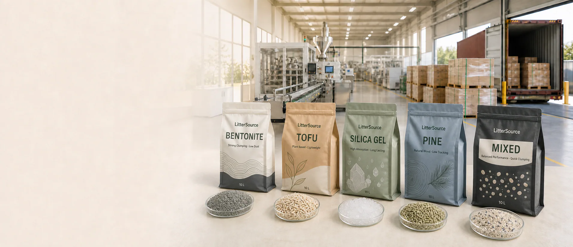 Private-label cat litter packages and product samples in a production and export-packing setting