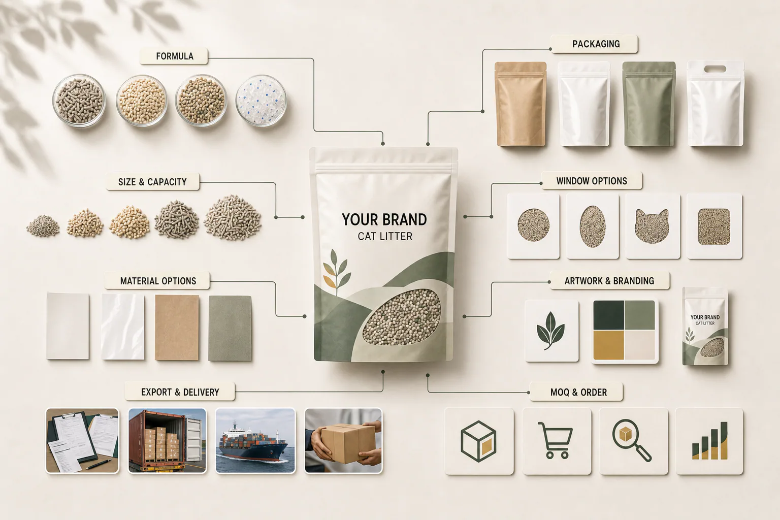 Cat litter private-label planning visual with product materials, packaging formats, artwork inputs, and export packing requirements