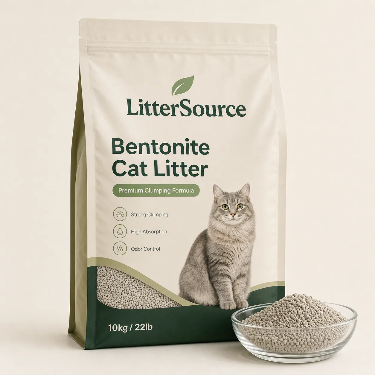 Bentonite Cat Litter package and product sample
