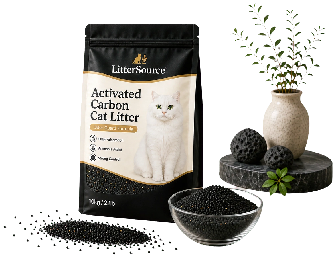 Activated carbon cat litter private label package and dark carbon granules