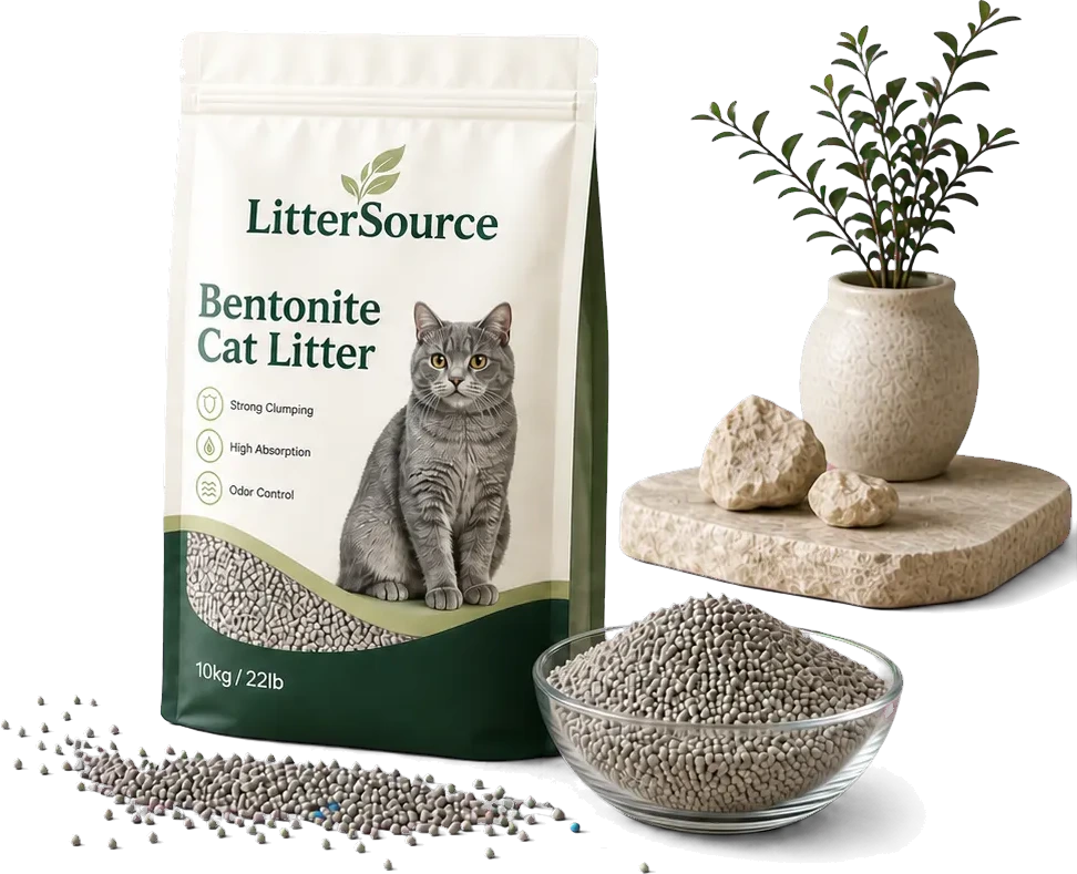 Bentonite cat litter private label package and litter granules