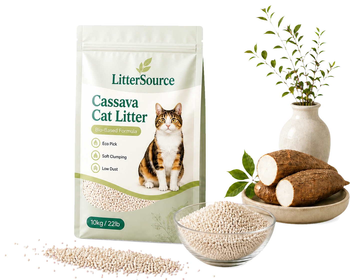 Cassava cat litter private label package and bio-based granules