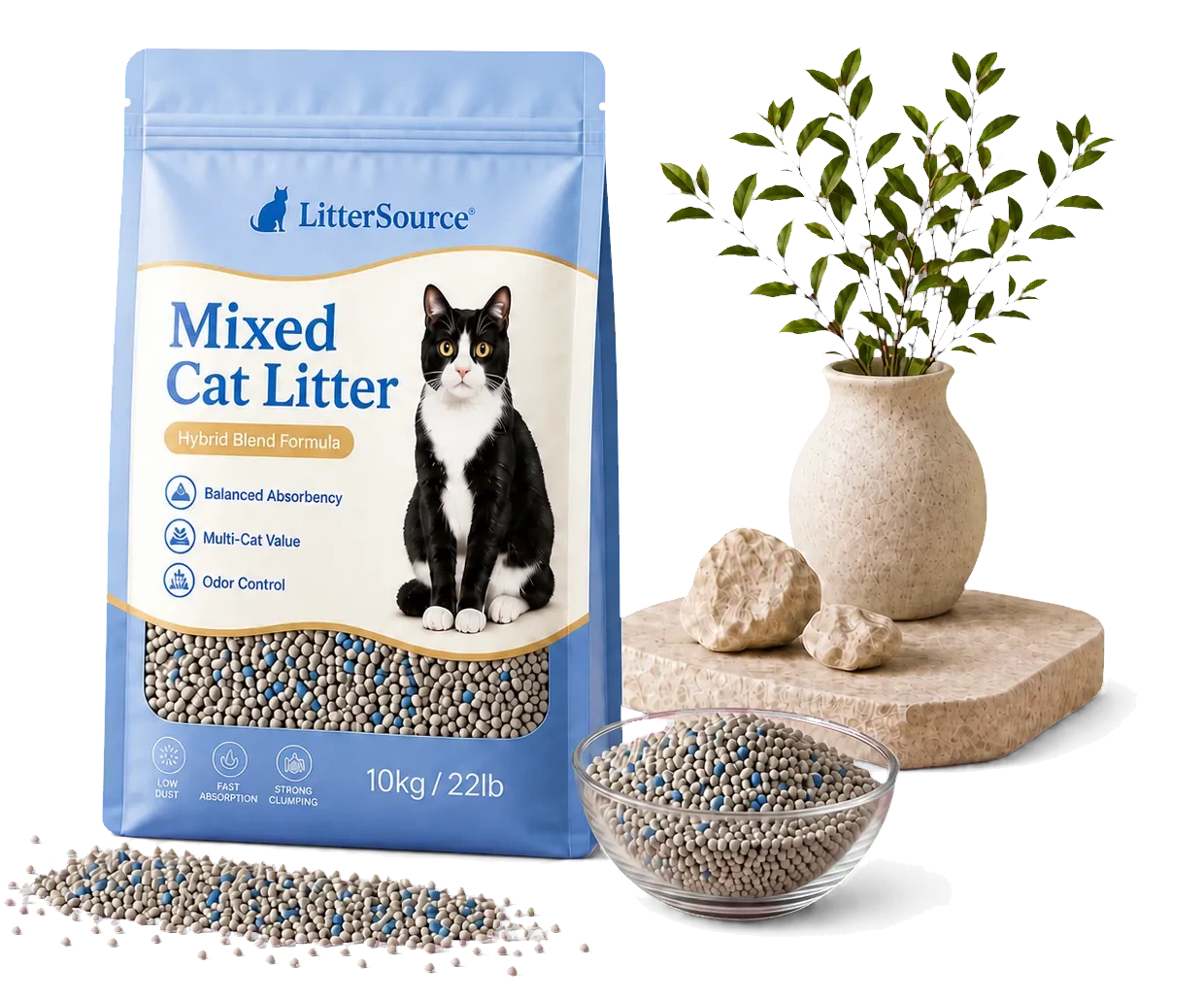 Mixed cat litter private label package and hybrid granules