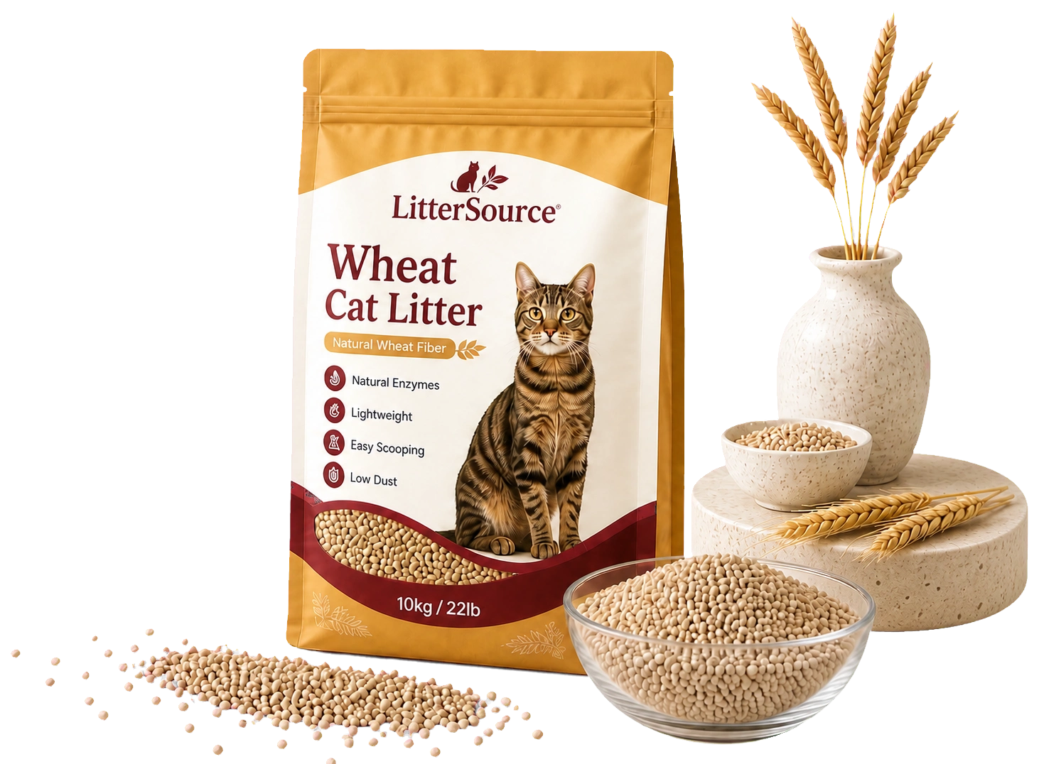 Wheat cat litter private label package and wheat fiber granules