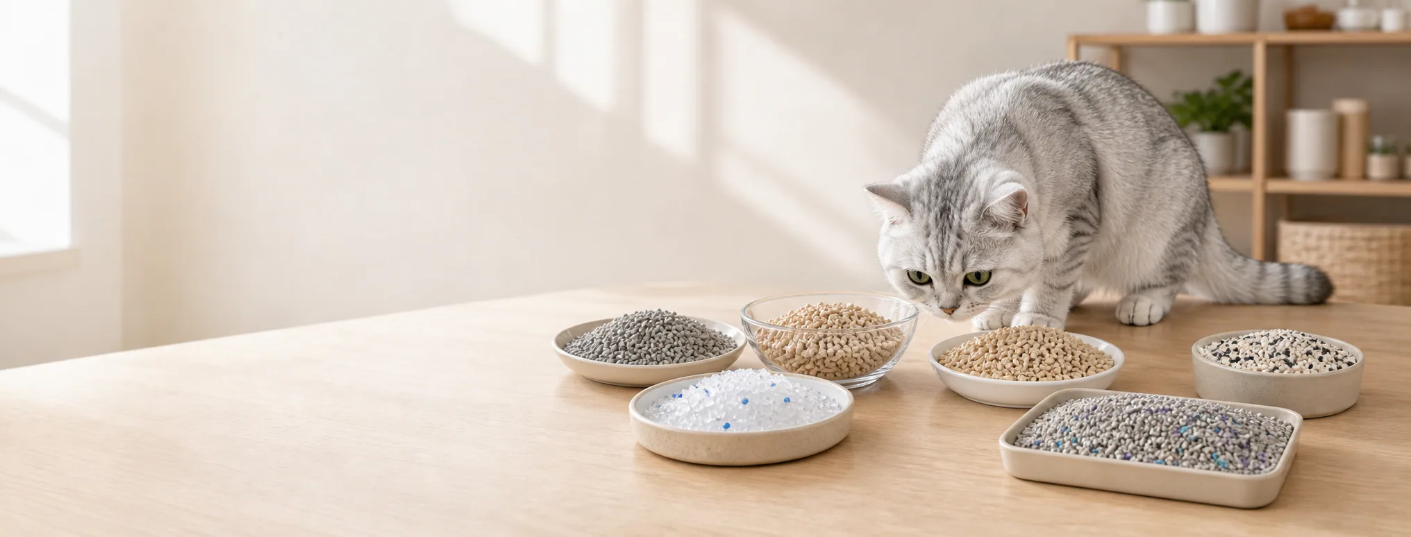 British Shorthair cat beside samples of different cat litter materials