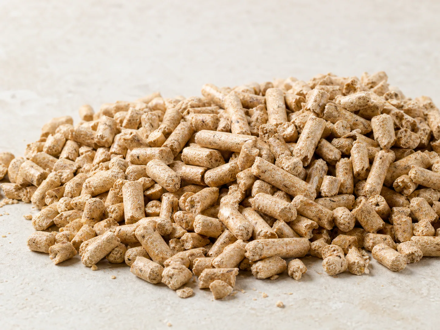 Close view of natural pine cat litter pellets with visible compressed wood fiber