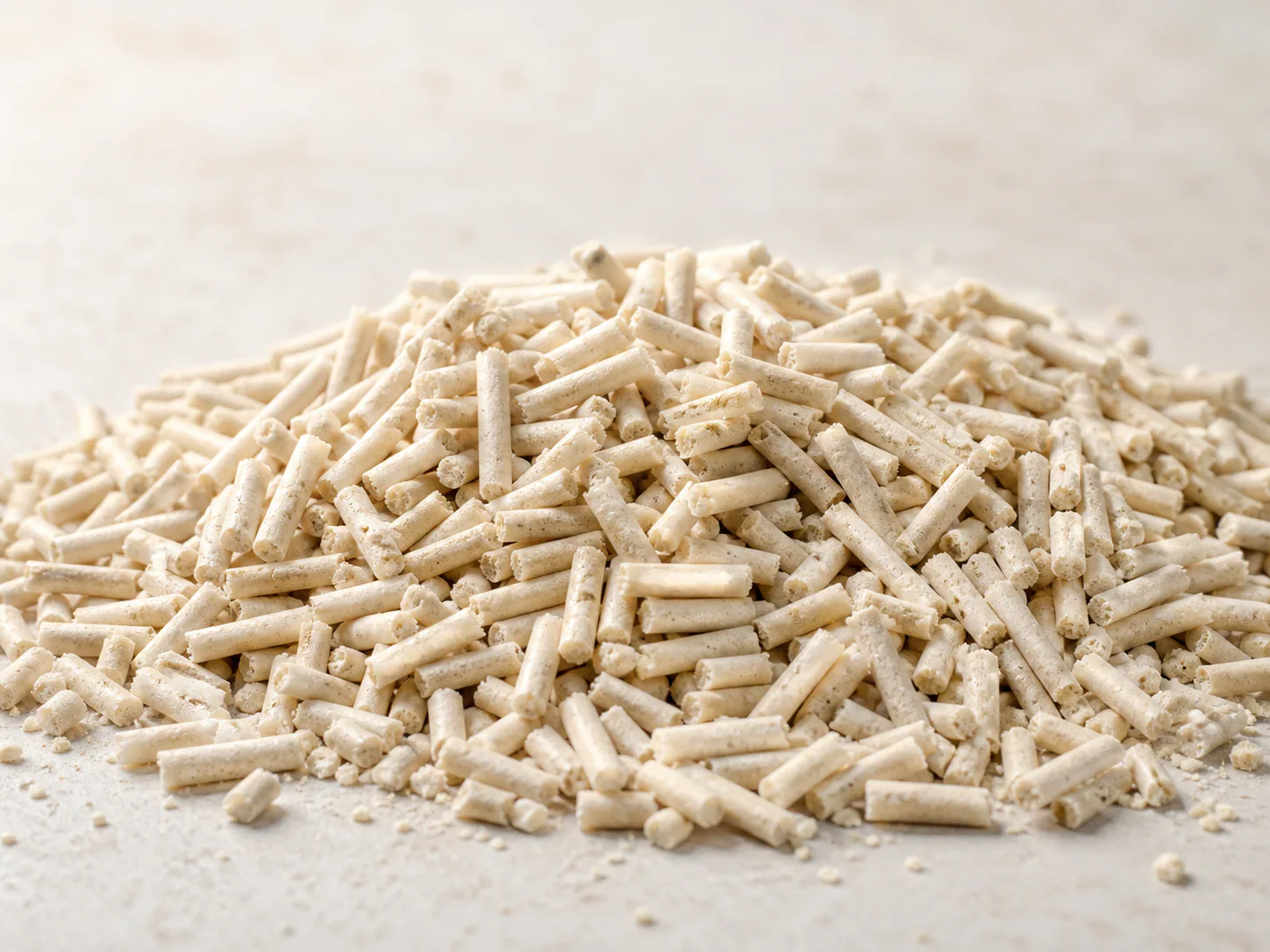 Close view of pale tofu cat litter pellets showing natural fiber texture
