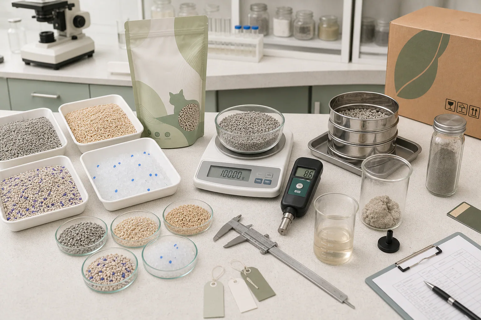 Realistic cat litter quality control lab workbench with sample trays, digital scale, sieve set, moisture meter, caliper, beakers, retail pouch, and export carton