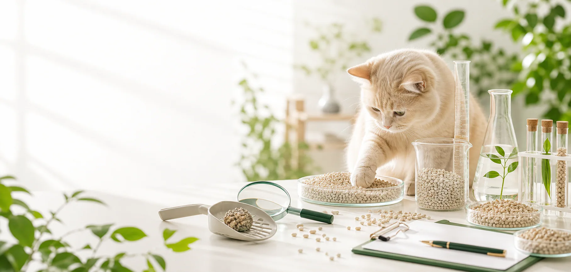 Panoramic cat litter quality testing scene with cream cat, litter samples, glass lab tools, scoop, magnifying glass, and inspection clipboard
